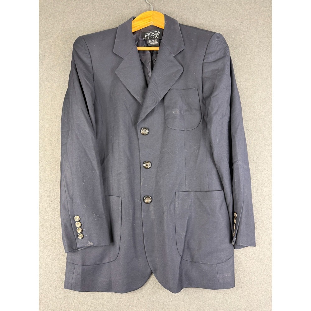 Escada Sport Womens Navy Blue Single Breasted Blazer 100% Wool Pocket Patch 36